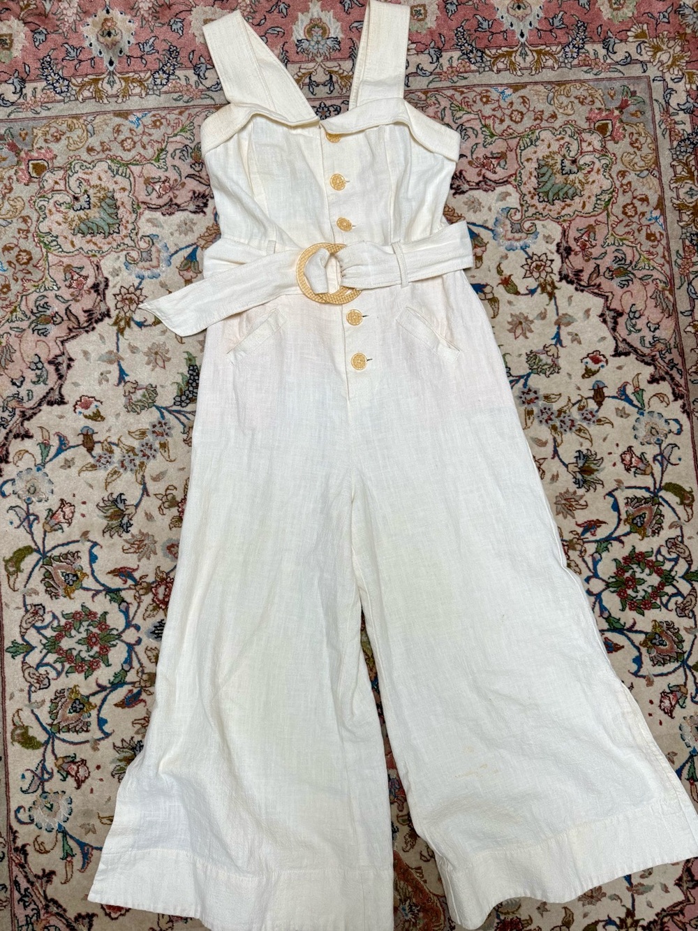 By Anthropologie Ivory Linen-Look Belted Wide-Leg Jumpsuit with Belt - Siza 2